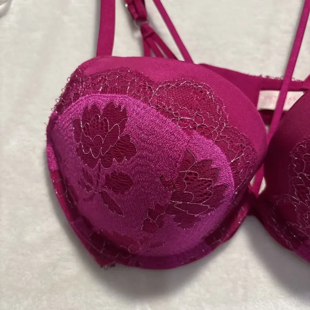 Victoria's Secret Bra Women's 34D Pink Very Sexy Push Up Lace Floral Underwire